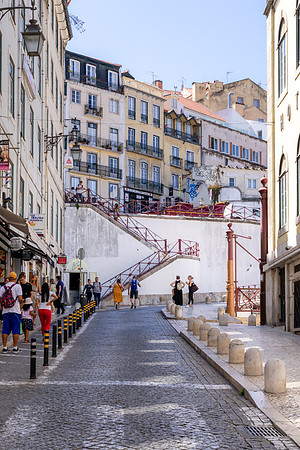 Lisbon street with staircase going up to another street